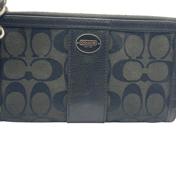 Coach Signature Black Canvas Jacquard Leather Stripe Wristlet Wallet - Picture 10 of 12